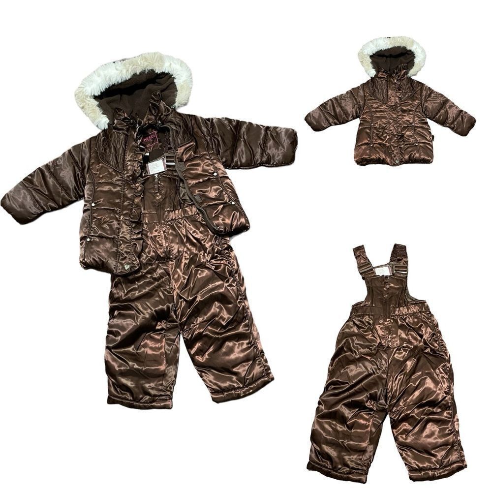 Hawke & Co Puff Faux Fur Hooded Jacket And Overalls Brown and Cream 6-9 Months